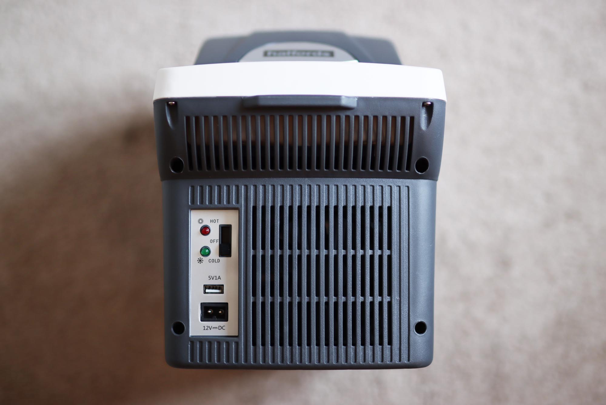 The front controls and fan of the Halfords 8 litre 12v electric cool box