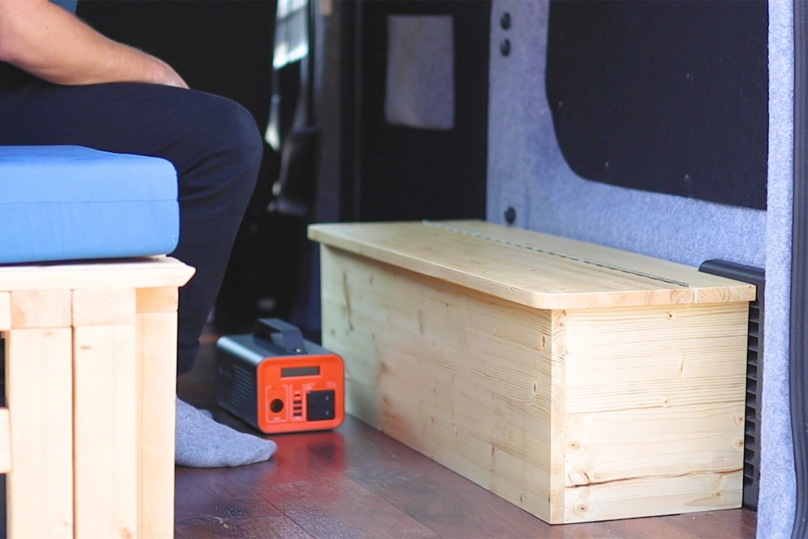 The box installed in the van, with my portable battery pack next to it