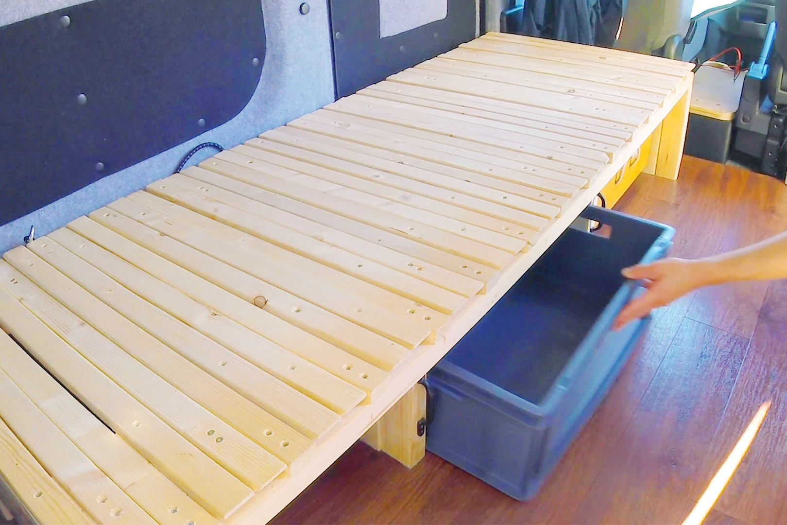 Storage boxes under my 3 section pull out van bed