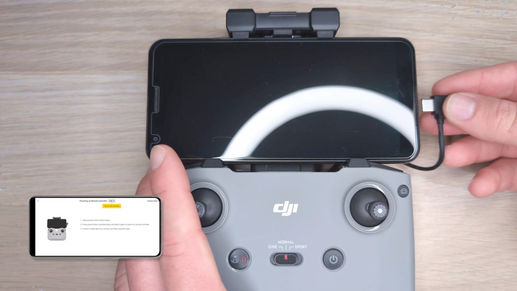 Connecting a phone via USB-C into the DJI RC-N1c Remote Control for DJI Mini 4k