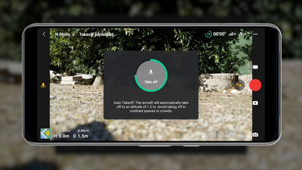 The one-tap takeoff button on the DJI Fly App