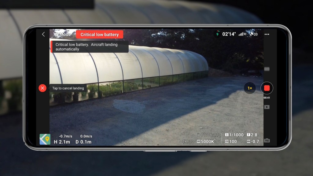 Critical low battery alerts on the DJI Fly App for the DJI Mini 4k Camera Drone