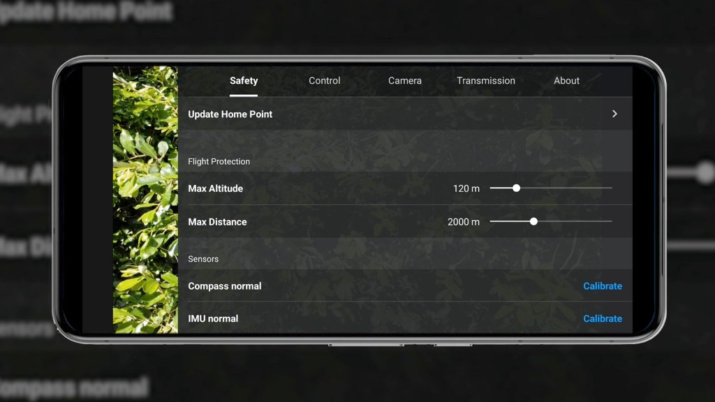The settings section of the DJI Fly App for the DJI Mini 4k Camera Drone