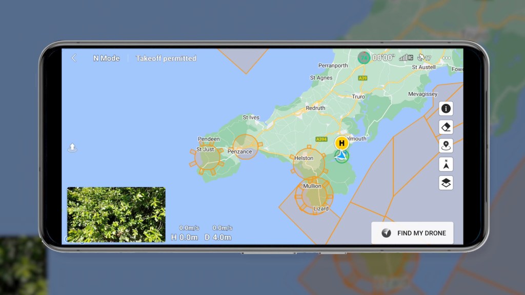 DJi Fly App map showing where you can and can't fly in Cornwall