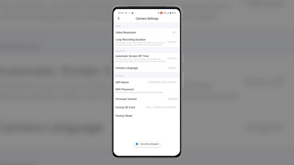 Viidure app camera settings