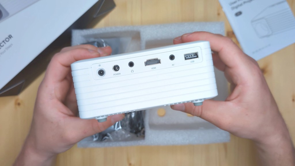 Ports on the back of the Akiyo O1 projector